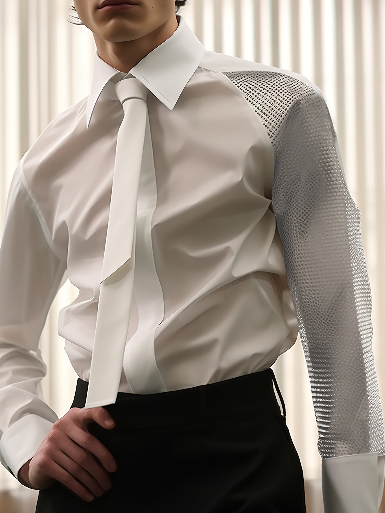 Cross-border foreign trade Men's shirt autumn new Men's casual shirt European and American Men's high-end banquet gentleman shirt plain long-sleeved net splicing shirt performance uniform